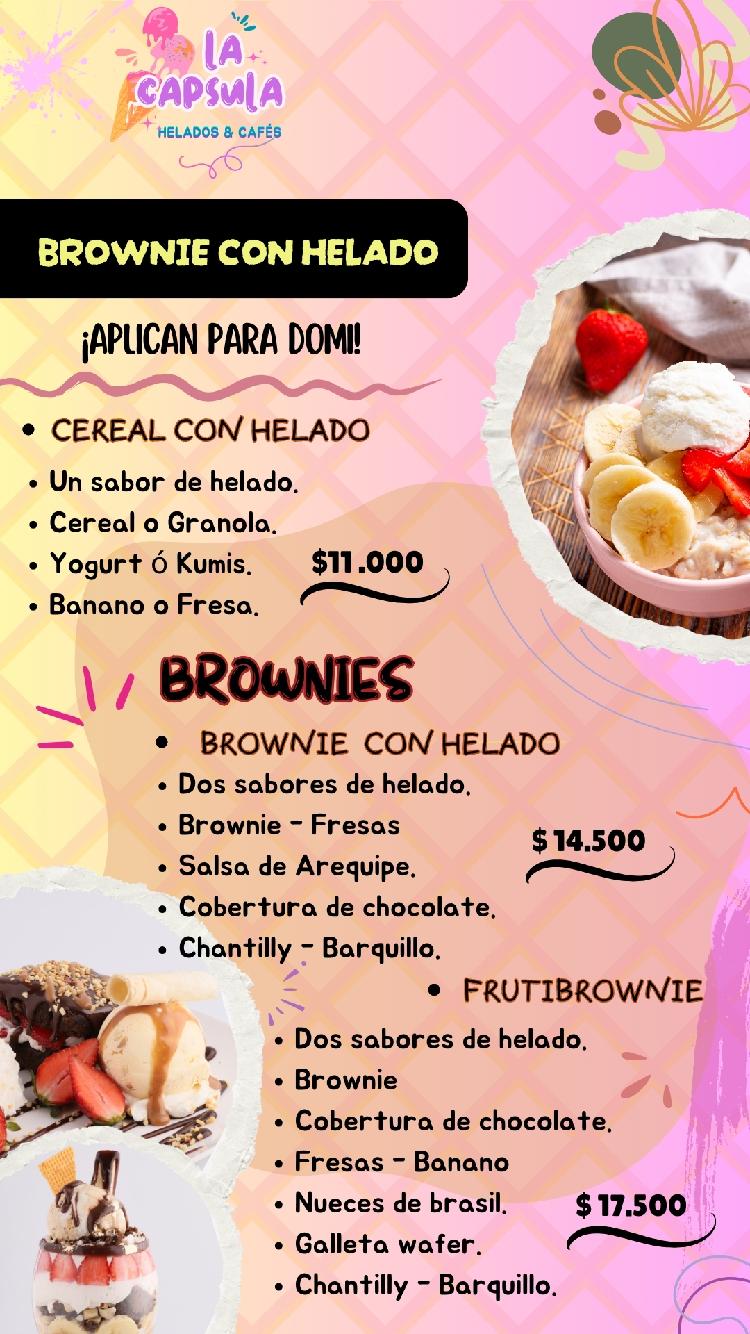 BROWNIE CON HELADO EN LA HELADERIA LA CAPSULA VISITANOS O PIDE TU DOMICILIO